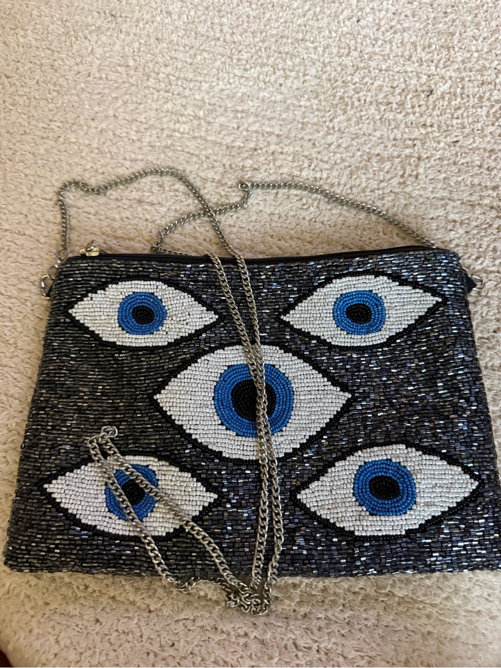 Kaylee New York Beaded Eye Pattern Crossbody Bag in Blue and White